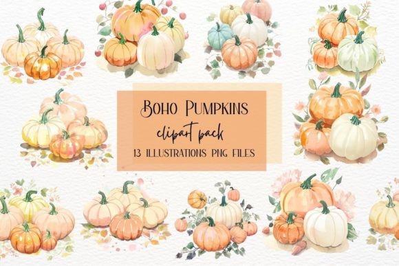 Boho Rustic Watercolor Pumpkins for Autumn Design